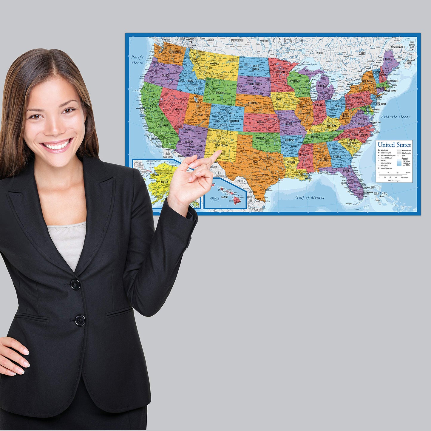 3 Pack - World & USA Maps + Solar System Poster Set [BLUE] (LAMINATED, 18" x 29")