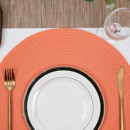 SHACOS Round Braided Placemats Set of 6 Washable Cotton Polyester Round Placemats for Kitchen Table 15 inch Round Table Mats (Coral, 6)