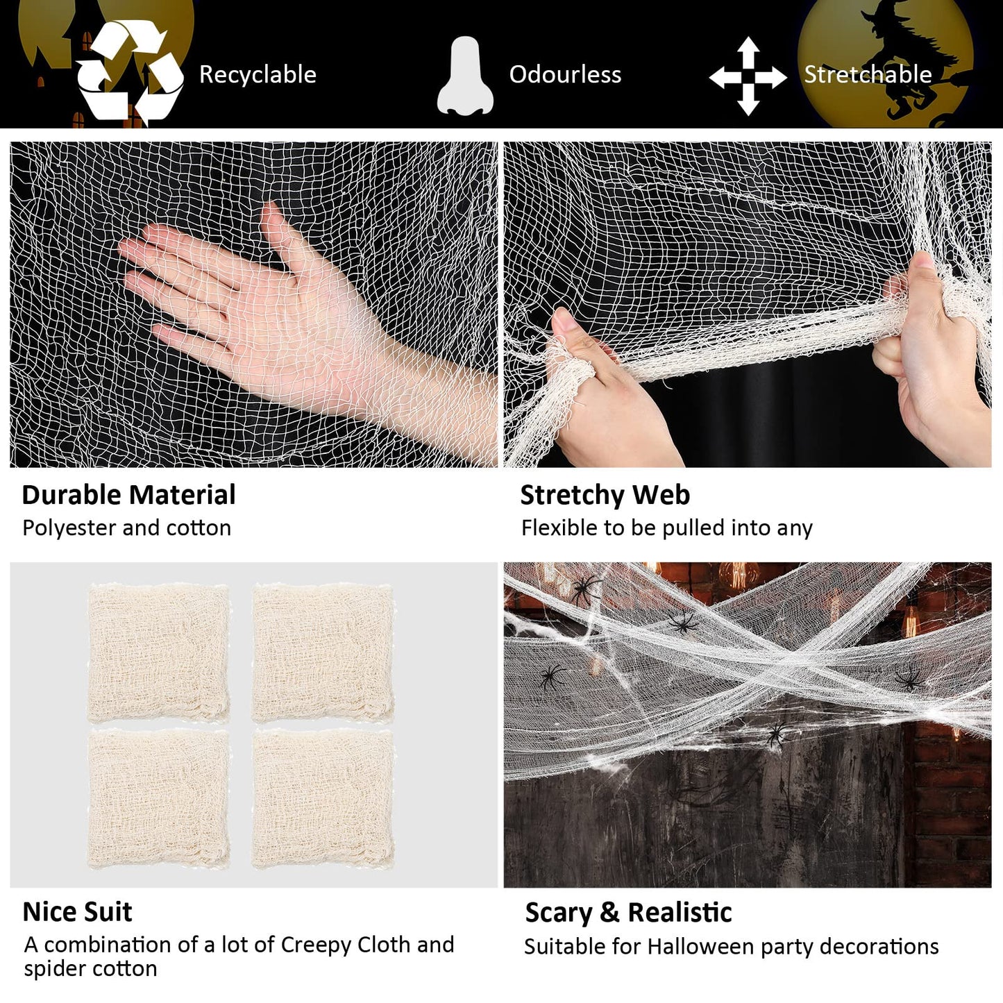 Tatuo 4 Pack Halloween Creepy Cloth 31 x 87 Inch with 2 Stretch Spider Web Spooky Scary Creepy Gauze Cloth for Halloween Party Supplies Home Wall Doorway Outdoor Yard Decor(White)