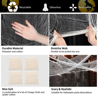 Tatuo 4 Pack Halloween Creepy Cloth 31 x 87 Inch with 2 Stretch Spider Web Spooky Scary Creepy Gauze Cloth for Halloween Party Supplies Home Wall Doorway Outdoor Yard Decor(White)