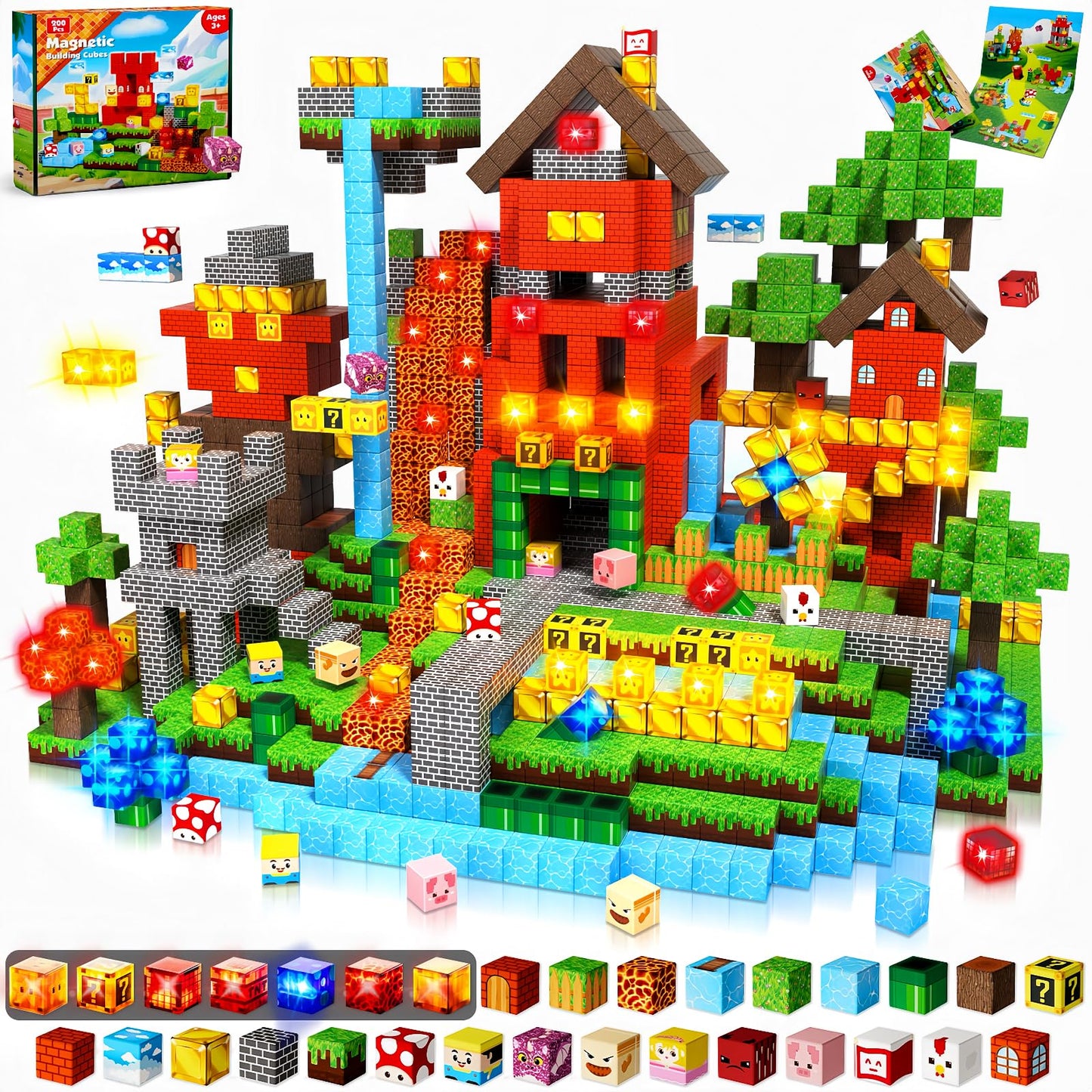 Magnetic Blocks with Light Blocks - 200PCS Magnetic Blocks for Kids Ages 4 5 6 7 8+, Magnetic Building Blocks, STEM Montessori Sensory Toys for Kids, Birthday Gifts for 8-12 Years Old Boys Girls
