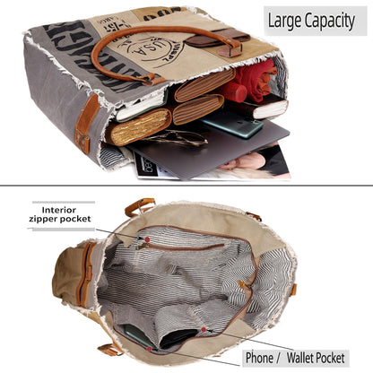 CLA Bags SEL de MER Large Upcycled Canvas & Cowhide Leather Crossbody Tote Handbag for Women (Cream & Grey Color)