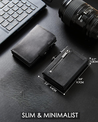 Plinvo Men's Slim Genuine Leather Wallet, RFID Protected with Airtag Holder and Minimalist Design (Black)