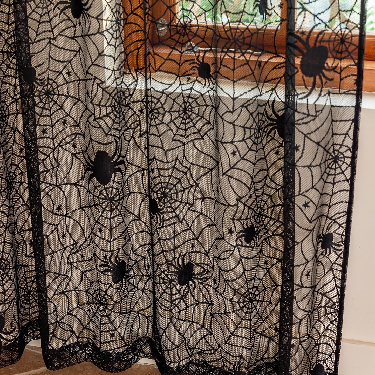 YJ YANJUN Black Lace Curtains 63 inches Length 2 Panels Halloween Goth Curtains for Bedroom Kitchen Spider Webs Halloween Decoration Coffin/Witchy/Gothic Haunted House Decor 55Wx63L Inch