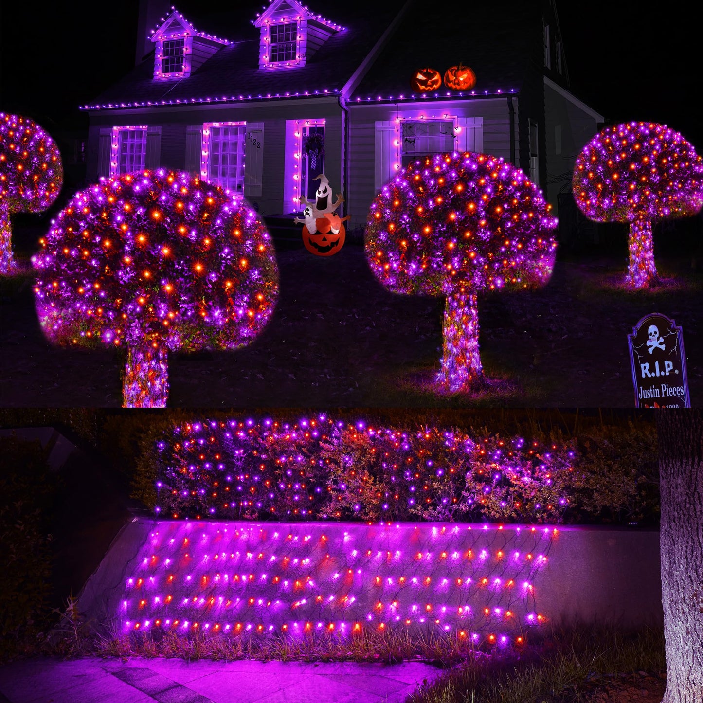 WBao Solar Halloween Lights Outdoor 200LED F8 Big Bulbs, 8.4ft x 5.2ft Orange Purple Net Lights with Remote, 8 Modes, Timer, Connectable, Waterproof & Dark Green Wire for Lawn, Bushes Halloween Decor