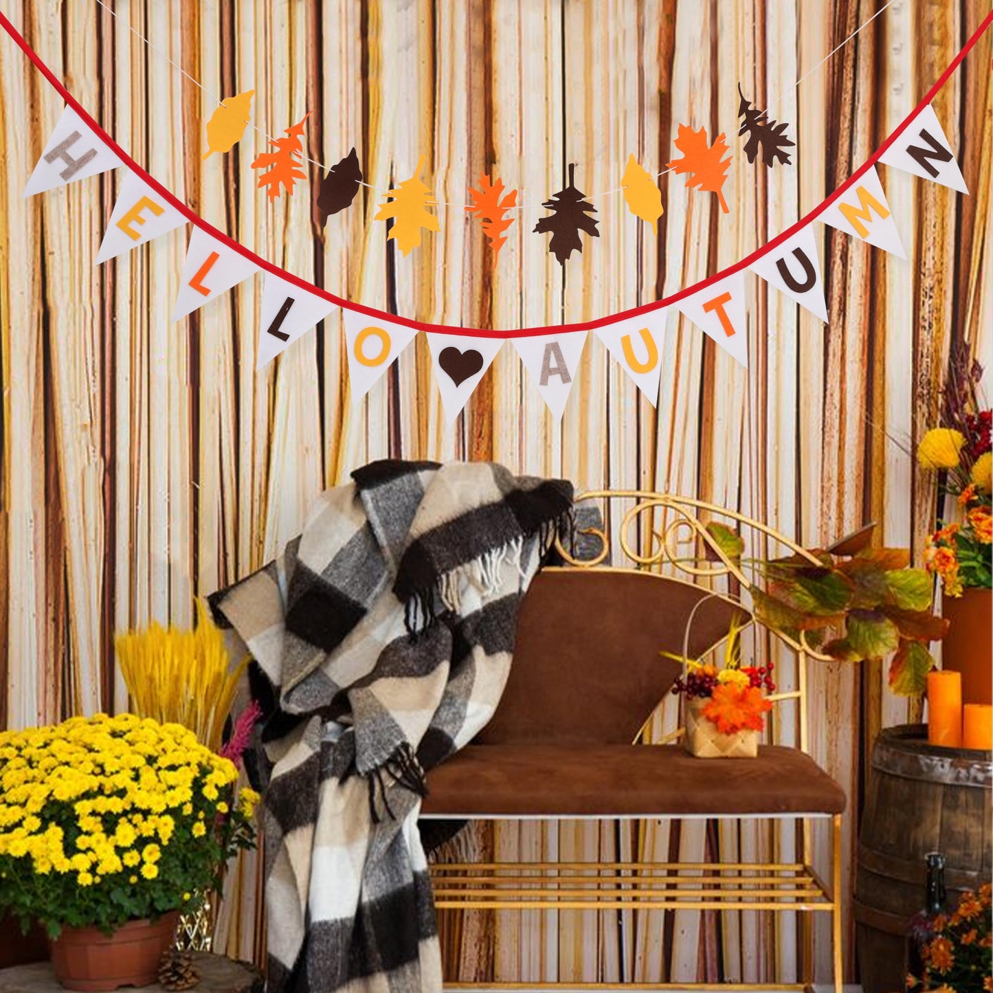 Hello Autumn Felt Bunting - Harvest Festival Farm Theme Wall Hanging Garland, Thanksgiving Autumn Leaves Garland, Halloween Pumpkin Spice Banner, Halloween Nursery Room Fire Place Hanging Decors
