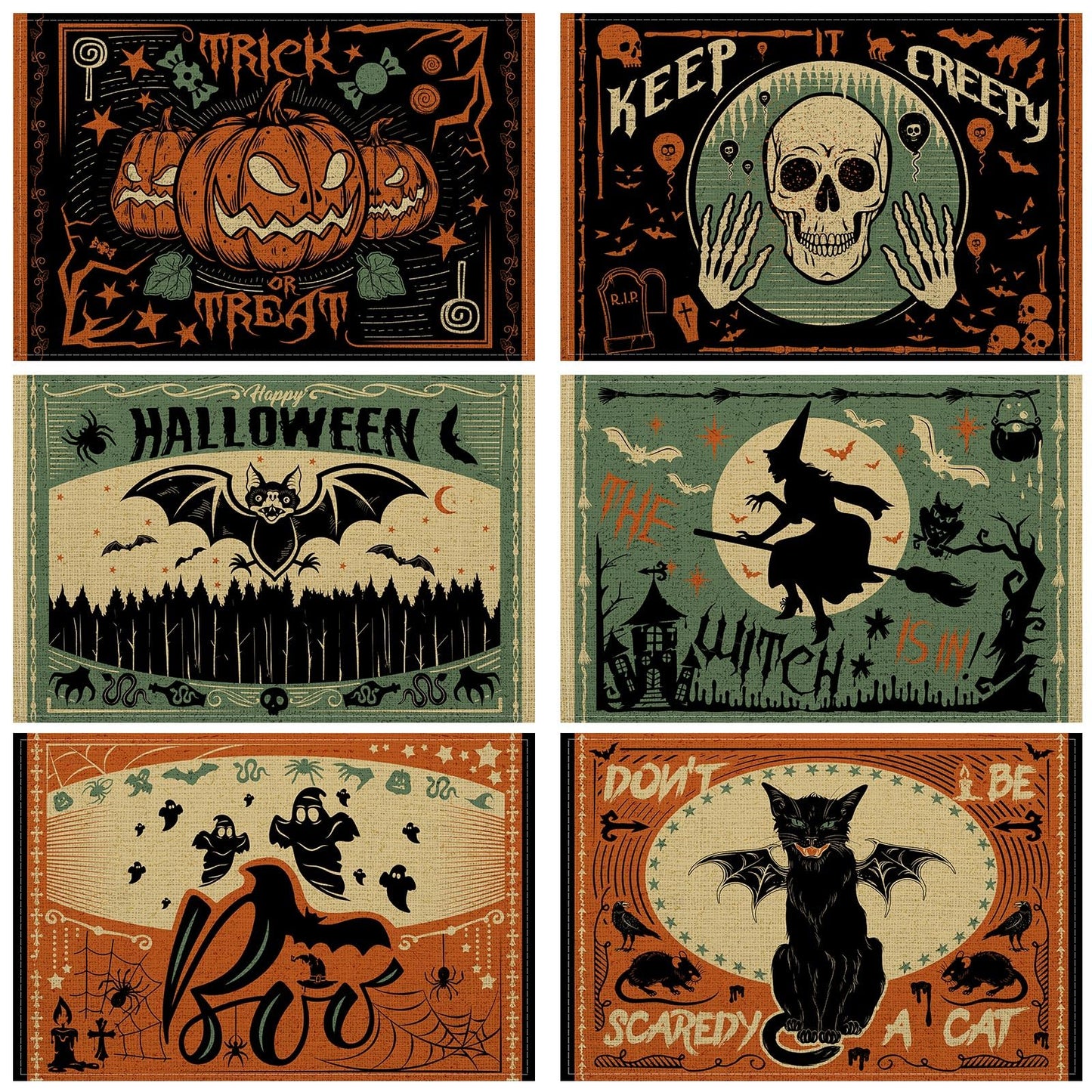 Umigy 6 Pcs Halloween Placemats 12"x18" Gothic Bat Placemats Kitchen Decoration Washable Witch Place Mats Rectangle Skull Table Mats for Halloween Dining Table Accessories(Scary)