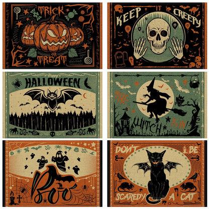 Umigy 6 Pcs Halloween Placemats 12"x18" Gothic Bat Placemats Kitchen Decoration Washable Witch Place Mats Rectangle Skull Table Mats for Halloween Dining Table Accessories(Scary)