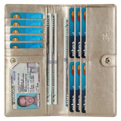 Lavemi Ultra Slim Thin Leather Women Wallet RFID Blocking Credit Card Holder Bifold Long Ladies Billfold (2-Waxed Champion Gold)