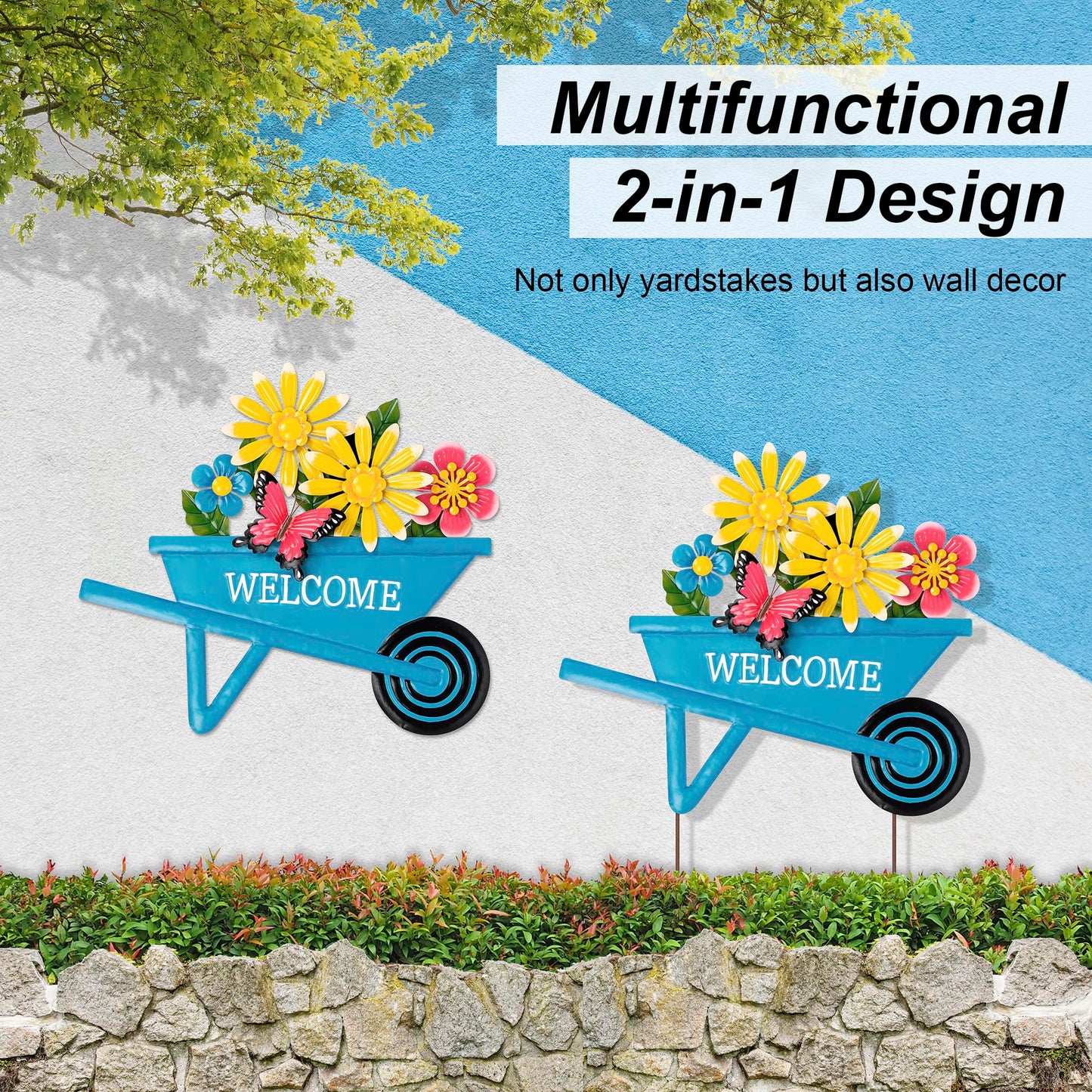 Glitzhome Cart Decorative Garden Stakes, Spring Metal Yard Decor with Lifelike Flower or Wall Decor, Flower Barrow Stake Garden Signs for Outside, 30” H