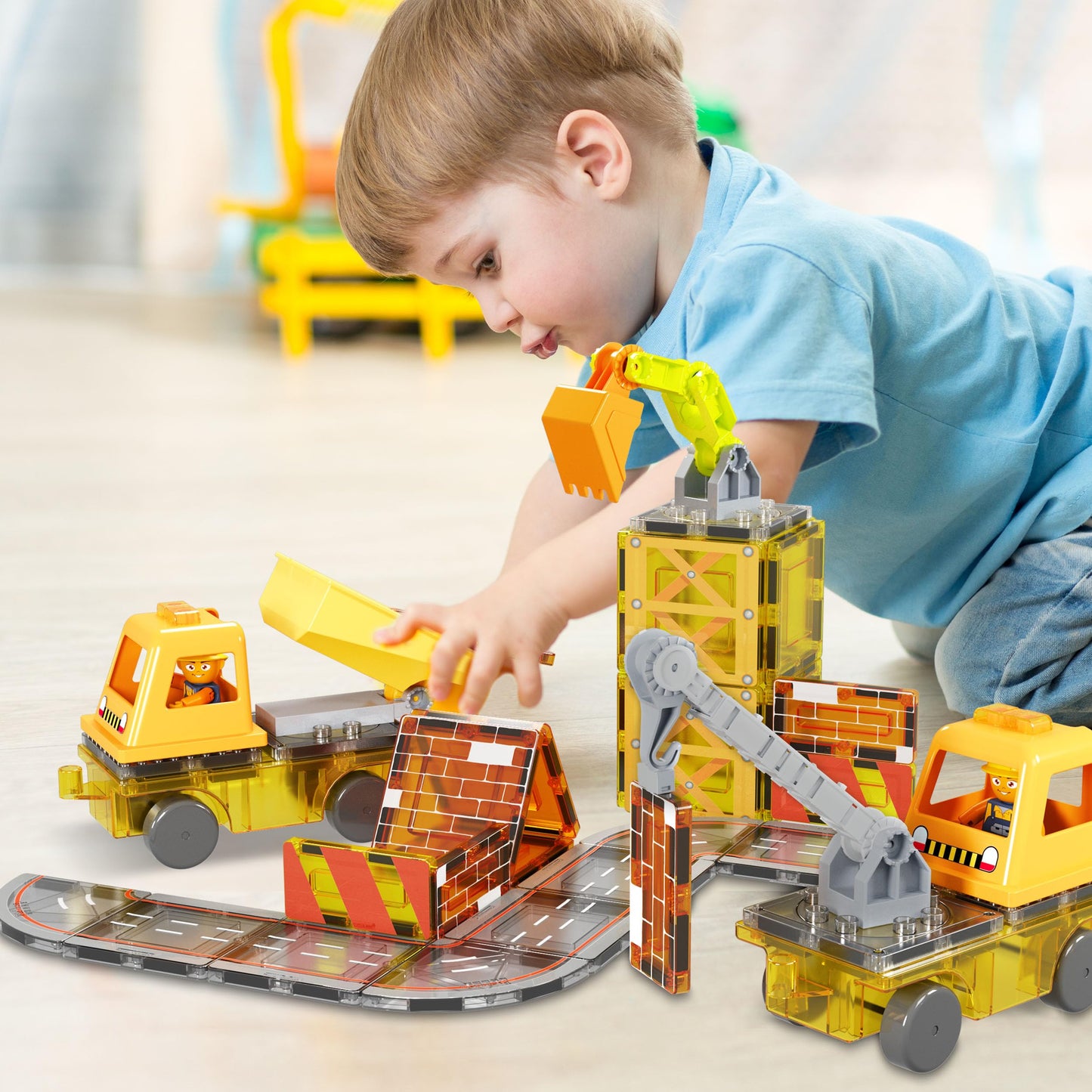 PicassoTiles Magnet Tile Construction Themed Building Blocks 5-in-1 Crane, Ladder, Dump Truck, Excavator, and Backhoe Action Figures, 2 Car Base Vehicles Magnetic Tiles Learning Toys Kids Ages3+ PTU06