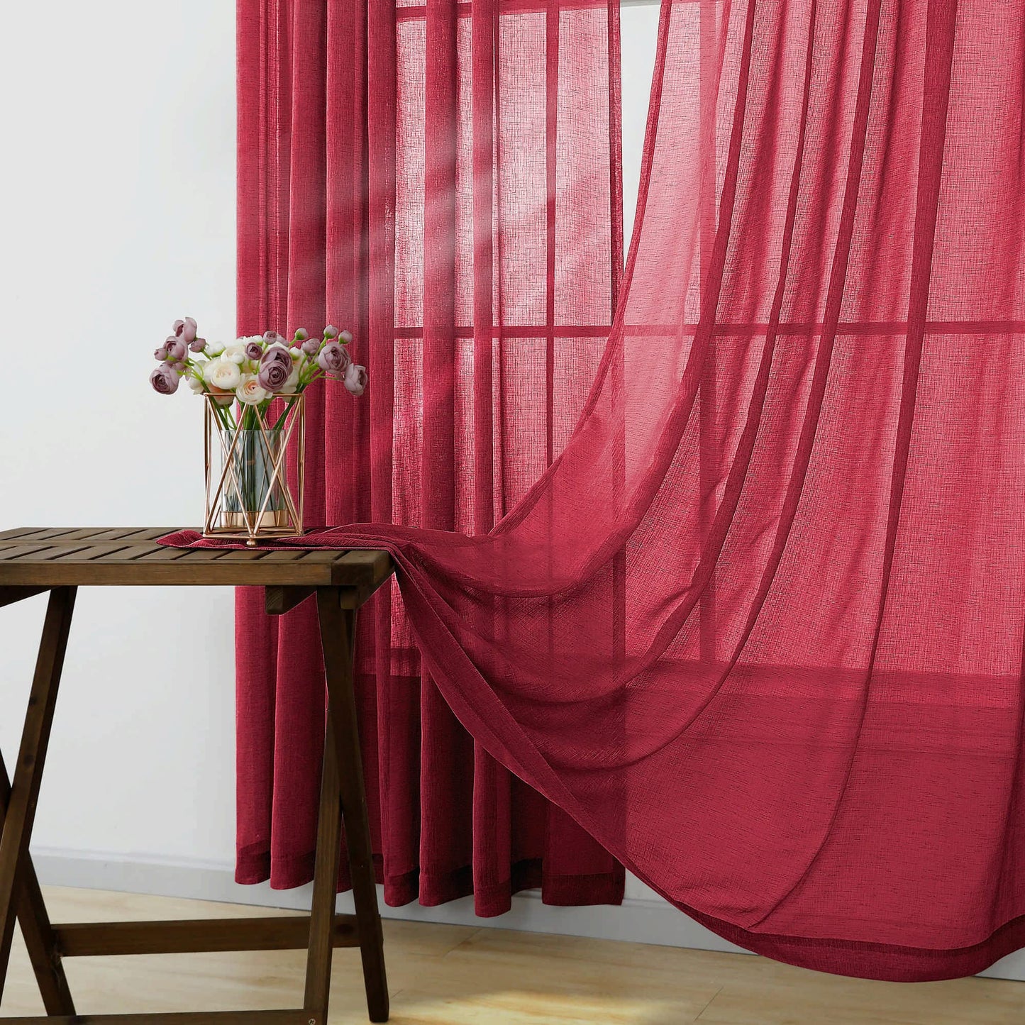 KOUFALL Burgundy Red Curtains 96 Inches Long for Living Room 2 Panel Set Linen Semi Privavy Light Filtering Sheer Drapes for Bedroom 96 Inches Long Dark Wine