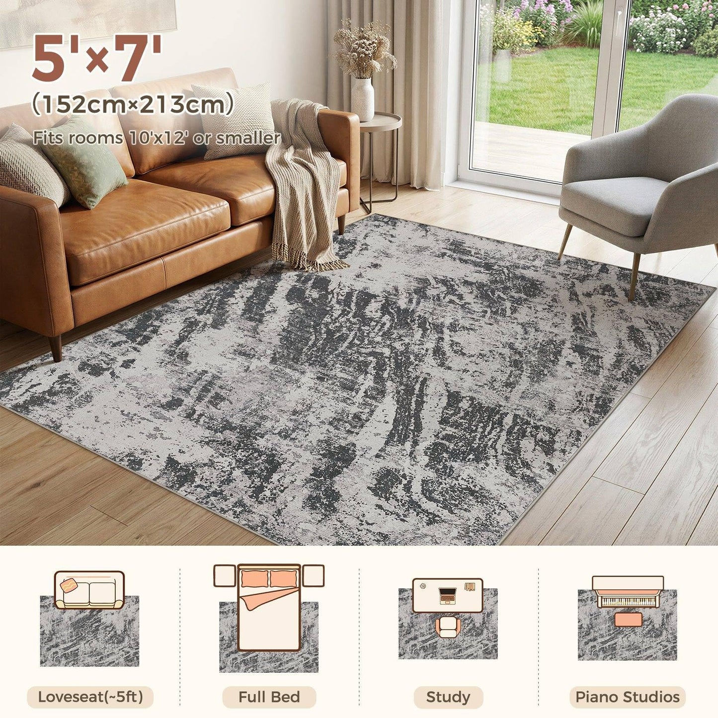 DMOYEST 5x7 Washable Area Rug: Abstract Modern Non-Slip Carpet, Soft Low Pile Indoor Neutral Easy Clean Floor Rugs for Living Room Bedroom Dining Room Kids & Pets - Black