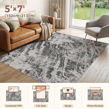 DMOYEST 5x7 Washable Area Rug: Abstract Modern Non-Slip Carpet, Soft Low Pile Indoor Neutral Easy Clean Floor Rugs for Living Room Bedroom Dining Room Kids & Pets - Black