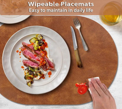 ADRIMER Placemats, Heat Resistant Oval Placemats Set of 12 Washable 12 x 17 Inch, Waterproof Table Mats, Wipeable Pu Place Mats for Kitchen, Dining Room, Turmeric Brown