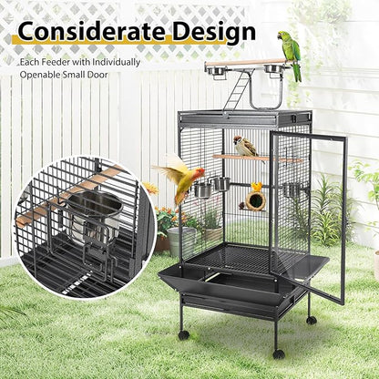 64.4" Tall Large Bird Cage, Metal Parrot Cage with Rolling Stand, Play Top & Bowls - Bird Aviary for Parrots, Parakeets, Conures, Cockatiels, Indoor Outdoor Aviary for Outside Porch Garden Yard