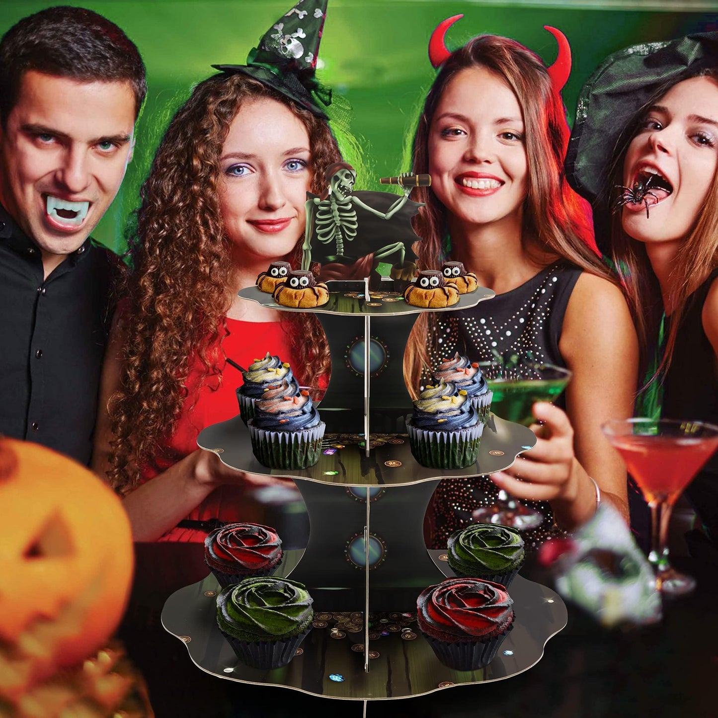 Cheerland Skull Pirate Cupcake Stand for Halloween Theme Party Decorations Cup Cake Holder Tier Stand Dessert Display Cake Serving Tray for Pirate Skeleton Spooky Birthday Cosplay Party Supplies