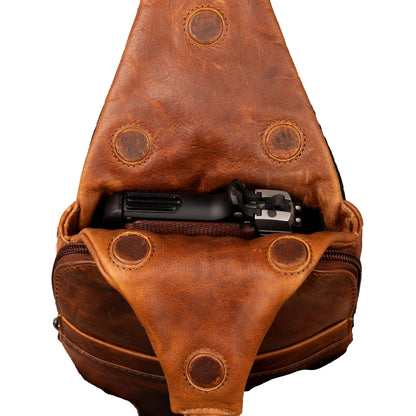 Lady Conceal - Dakota Unisex Leather Concealed Carry Sling Bag - Large Frame Handgun - Concealment pockets with Magnetic Closure and Universal Holster Backpack (Cognac) - 7" L x 15" H x 2" D