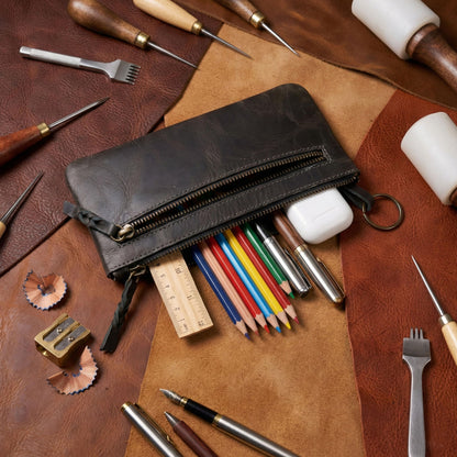 LEATHER TOWN Leather Pencil Case Pouch 8" x 4" - Leather Pen Case with Zipper (Black)