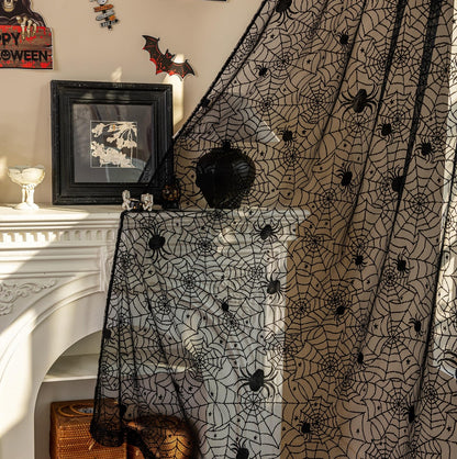 YJ YANJUN Black Lace Curtains 63 inches Length 2 Panels Halloween Goth Curtains for Bedroom Kitchen Spider Webs Halloween Decoration Coffin/Witchy/Gothic Haunted House Decor 55Wx63L Inch