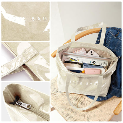 KALIDI PVC Zipper Tote Bag, Jelly Kraft Paper Beach Bag Large Hobo Carry All Travel Shopping Handbag Plastic Shoulder Bag (Beige)