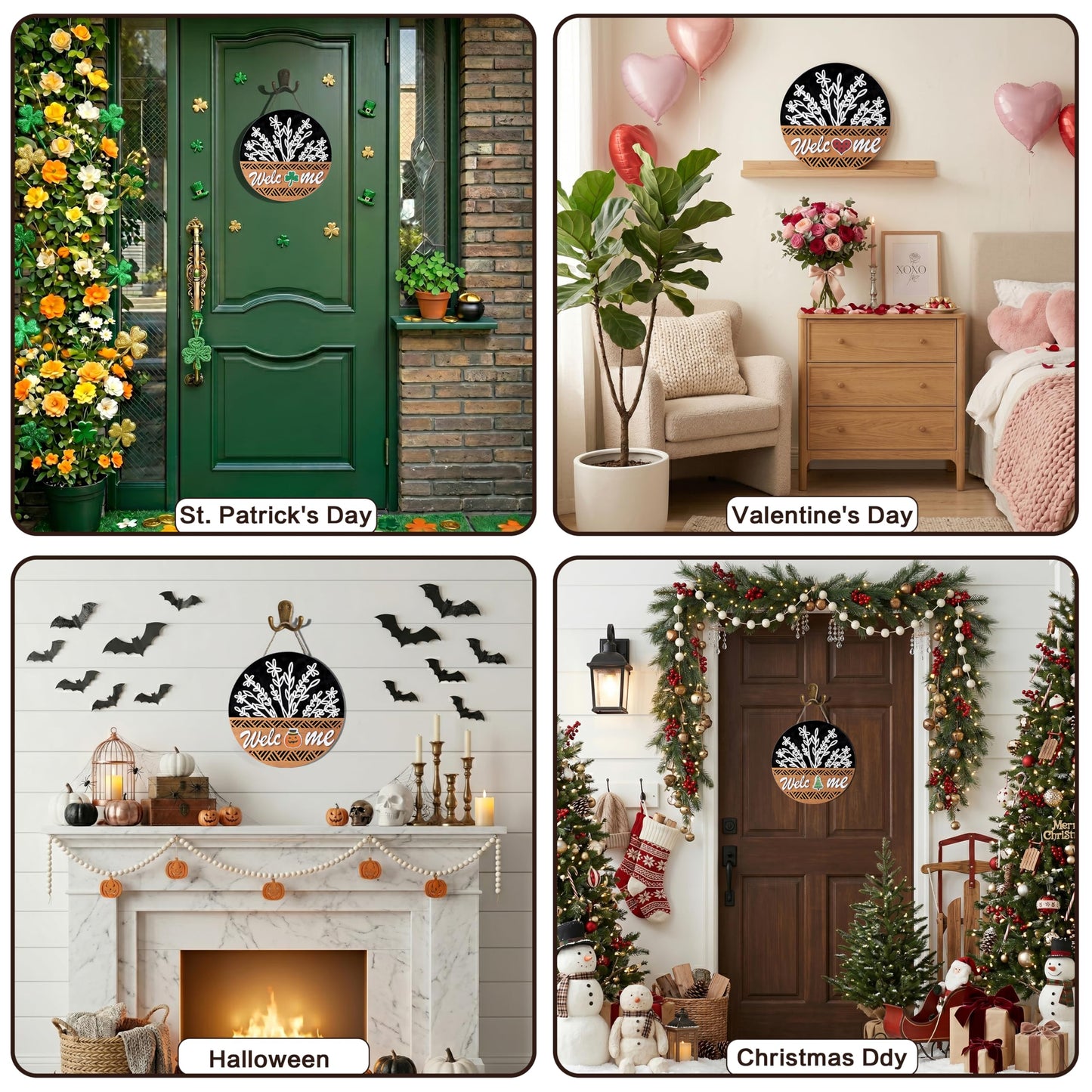 Interchangeable 3D Welcome Sign for Front Door, Rustic Round Wood Wreaths Wall Hanging Decor, House Warming Gifts New Home Decorations, for Spring Summer Fall Winter All Seasons Porch Christmas