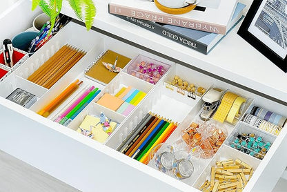 CAXXA 3 Slot Drawer Organizer with 4 Adjustable Dividers - Junk Drawer Storage for Makeup & Vanity, Office Desk Supplies and Accessories (WHITE, 1 PACK)