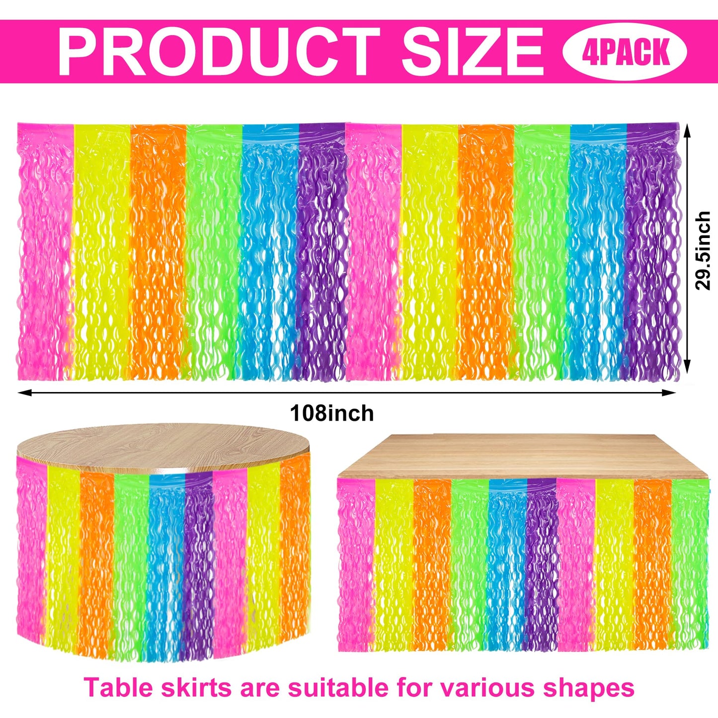 4 Pack Neon Tinsel Foil Fringe Table Skirts 108 x 29.5 Inch Glow in The Dark Party Table Decoration UV Reactive Fluorescent Wavy Tables Skirt for Glow Birthday Wedding Supplies Neon Party Decor