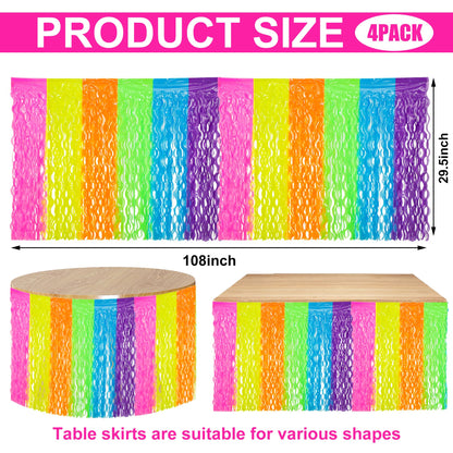 4 Pack Neon Tinsel Foil Fringe Table Skirts 108 x 29.5 Inch Glow in The Dark Party Table Decoration UV Reactive Fluorescent Wavy Tables Skirt for Glow Birthday Wedding Supplies Neon Party Decor