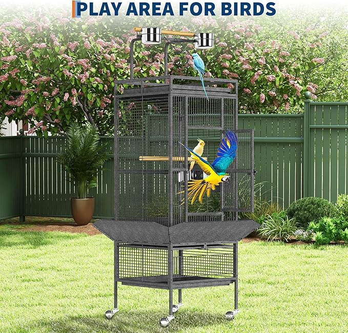 61" Extra Large Bird Cage with Play Top & Rolling Stand – Wide Metal Parrot Cage for Macaws, Cockatoos, Conures, Parakeets, Lovebirds – Includes Bowls