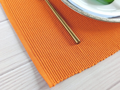 100% Cotton Ribbed Placemats - Set of 4-13 x 19 Inches - Orange - Everyday/Fall/Thanksgiving/Halloween Cloth Table Mats - Thick Construction, Washable Reusable & Place Mats - by AVKA Studio