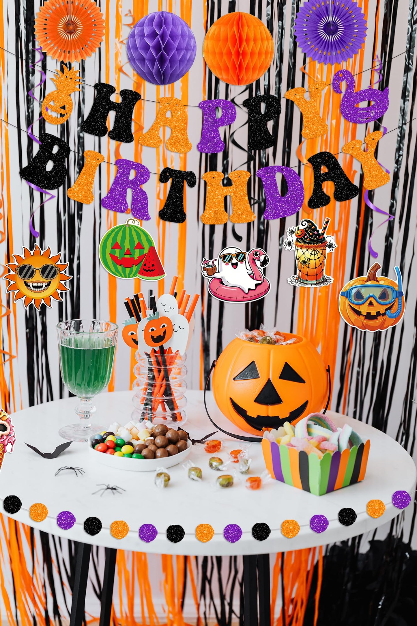 Summerween Decorations Happy Summerween Birthday Banner Hanging Swirls Honeycomb Balls Paper Fans Circle Confetti Dots Hanging Garland for Summer Halloween Birthday Party Decorations