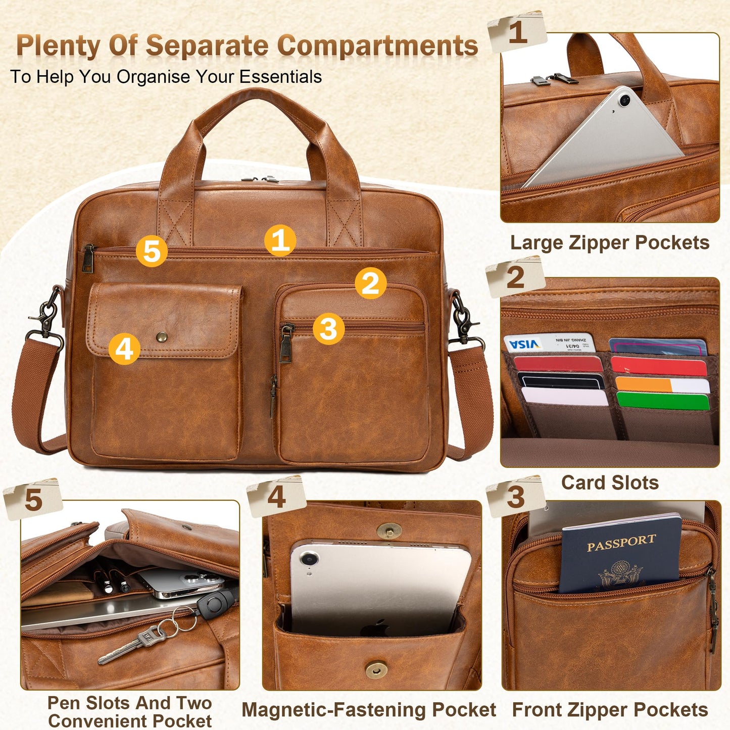 Yuni Sophy Briefcase for Men 15.6 Inch Laptop Messenger Bag Faux Leather Multi-Pocket Business Work Bag Waterproof Office Travel (Brown)