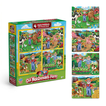 MasterPieces – Jigsaw Puzzle Set for Kids 6+ Years, 4-Pack of 100 Pieces, Educational and Fun Game, Old Macdonald’s Farm Collection, Gift Idea for Children, 8" x 10"