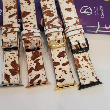 DSAAplus Luxury Cowhide Fur Leather Western Strap For Apple Watch Band 38 40 41 42 44 45 46 49mm Stylish Wristband for iWatch Series 11 10 9 8 7 6 5 4 Ultra SE 3 2 1(Furry cow brown, 38/40/41mm rose gold buckle)