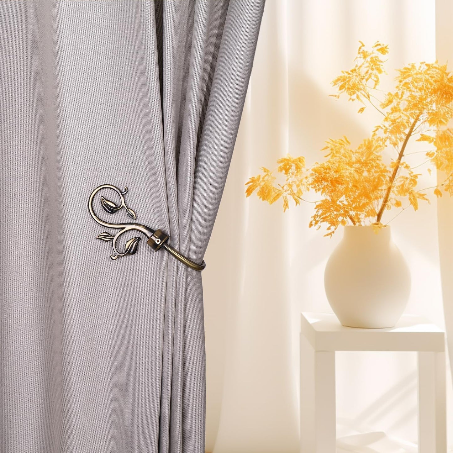 Leaf Shaped Curtain Holdbacks 2pcs, Handmade Metal Curtain Side Holders for Wall, Antique Brass Curtain Tieback Hook Pull Backs for Drapes Window Home Decoration (Bronze)
