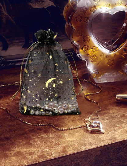 Jexila 100PCS Black Organza Gift Bags 4X6 Small Mesh Bags Drawstring Jewelry Pouch Halloween Goodie Treat Bag Moon Star for Birthday Party Favor Candy Bag