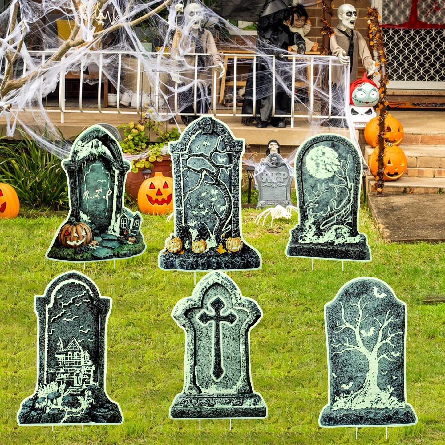 Halloween Tombstone Decorations Outdoor, 6PCS 14" Glow in the Dark Graveyard Yard Signs with Stakes, Haunted Gravestones Lawn Signs for Halloween Cemetery Garden Yard Decoration Supplies