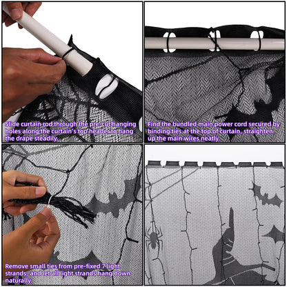 Watereem Lighted Halloween Decorations, 40 x 84 Inch 146 LED Purple Curtain Lights with Black Lace Witch Pattern, Scary Skeleton Window Door Drapes for Home Front Door Window Office Party Supplies