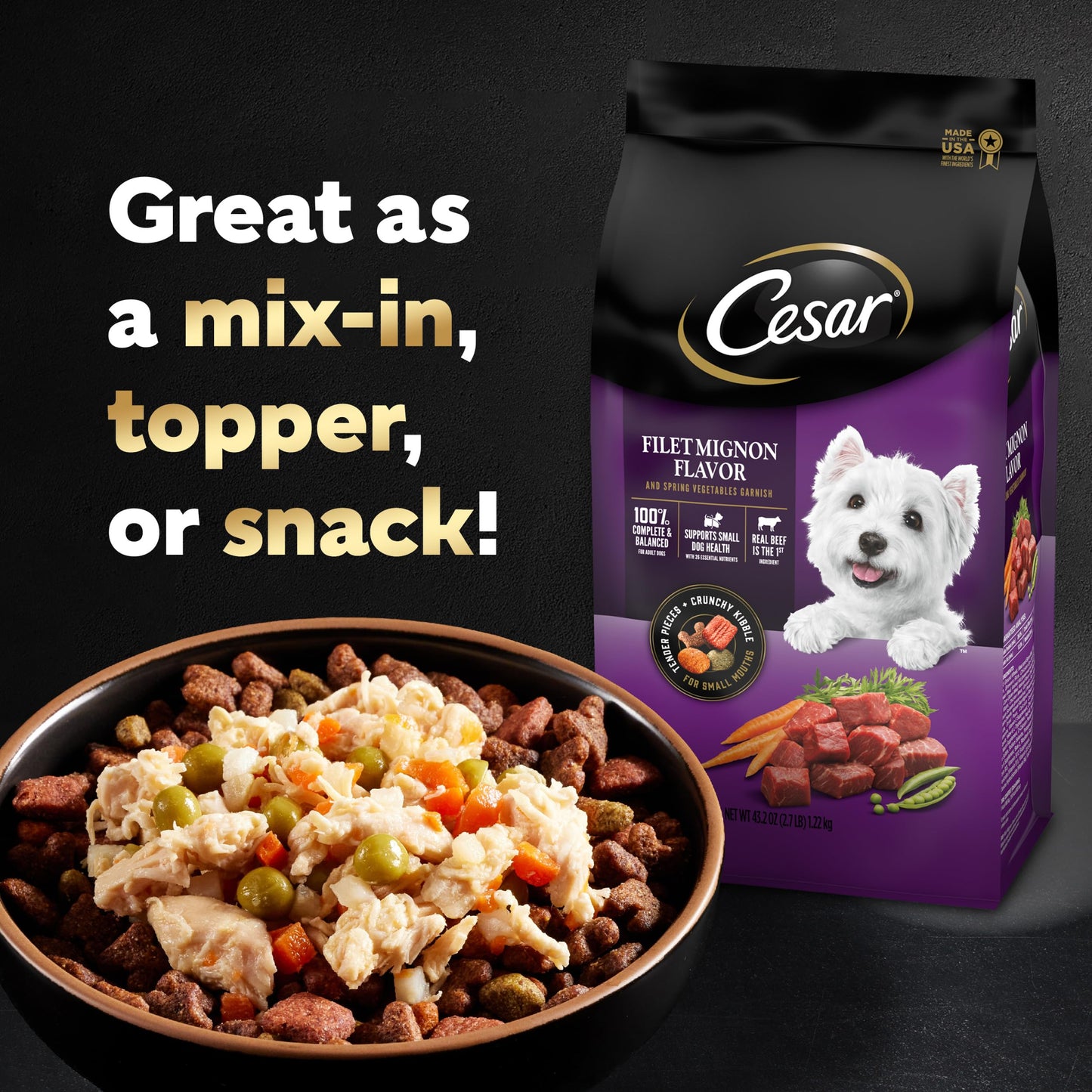 Cesar Simply Crafted Adult Wet Dog Food Meal Topper, Chicken, Carrots, Potatoes & Peas and Beef, Chicken, Purple Potatoes, Green Beans & Red Rice Variety Pack, 1.3oz. (8 Count, Pack of 2)