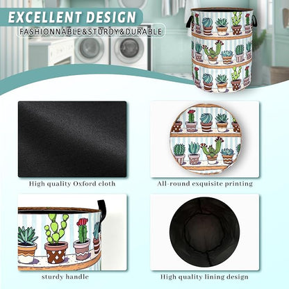 Cute Cactus Laundry Basket Tropical Cactus Flower Hamper Foldable Oxford Cloth Green Plants Colorful Tote Bag Clothes Toy Storage Bucket For Bathroom/Laundry Storage/Bedroom 18.9 x 16.5 Inch