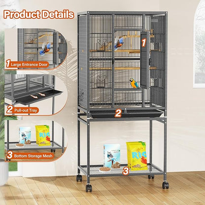 54" Large Bird Cage with Wheels, Durable Wrought Iron Parakeet Cage with Slide Out Tray, Black Bird Cages with Feeding Cups, Wooden Platform, Swing & Perches, for Lovebird, Cockatiels, Budgies