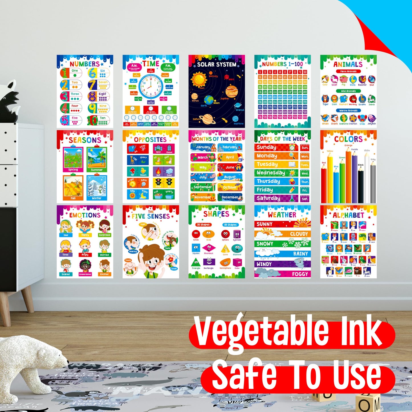 15 Packs Educational Poster, Thick Early Learning Posters Waterproof & Tear Proof with PET Film, Alphabet/Animals/Opposites/Emotions/Numbers Posters for Kindergarten Preschool Toddlers (14.5”x11”)