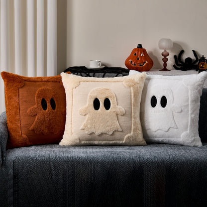 DFXSZ Halloween Pillow Covers 18x18 inch Set of 2 Black Eyes Beige Ghost Throw Pillow Cases Soft Plush Faux Fur Wool Couch Cushion Case for Chair Sofa Bedroom Living Room Home Decor PTK058B18