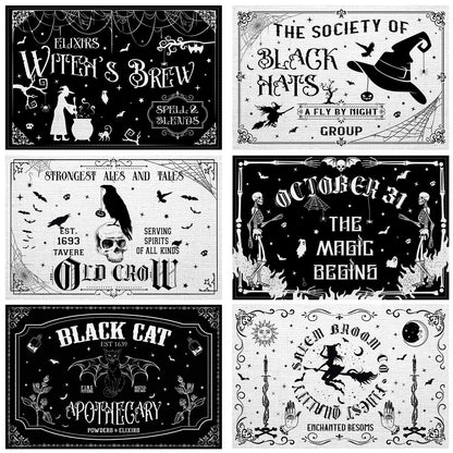 Umigy 6 Pcs Halloween Placemats 12"x18" Gothic Bat Placemats Kitchen Decoration Washable Witch Place Mats Rectangle Skull Table Mats for Halloween Dining Table Accessories(Black White Character Style)