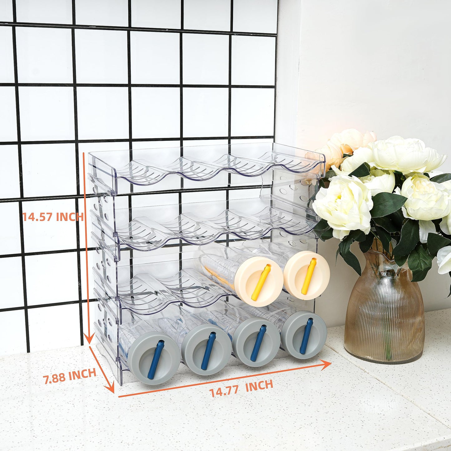 IEEK Plastic Stackable Bottle Storage Holder Rack Holds 16 Bottles,Free-Standing Water Bottle/Wine and Drink Organizer Shelf for Kitchen Cabinet,Fridge,Countertop,Pantry,Freezer,4 PackX4 Bottles,Clear