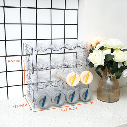 IEEK Plastic Stackable Bottle Storage Holder Rack Holds 16 Bottles,Free-Standing Water Bottle/Wine and Drink Organizer Shelf for Kitchen Cabinet,Fridge,Countertop,Pantry,Freezer,4 PackX4 Bottles,Clear