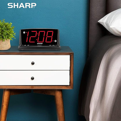 Sharp Digital Alarm Clock, 1.8" Red LED, Night Light, Loud Alarm, Black | Front keyboard controls, 9-minute snooze, AC powered, 9V settings backup, across-room viewing, bedroom, nursery, bathroom