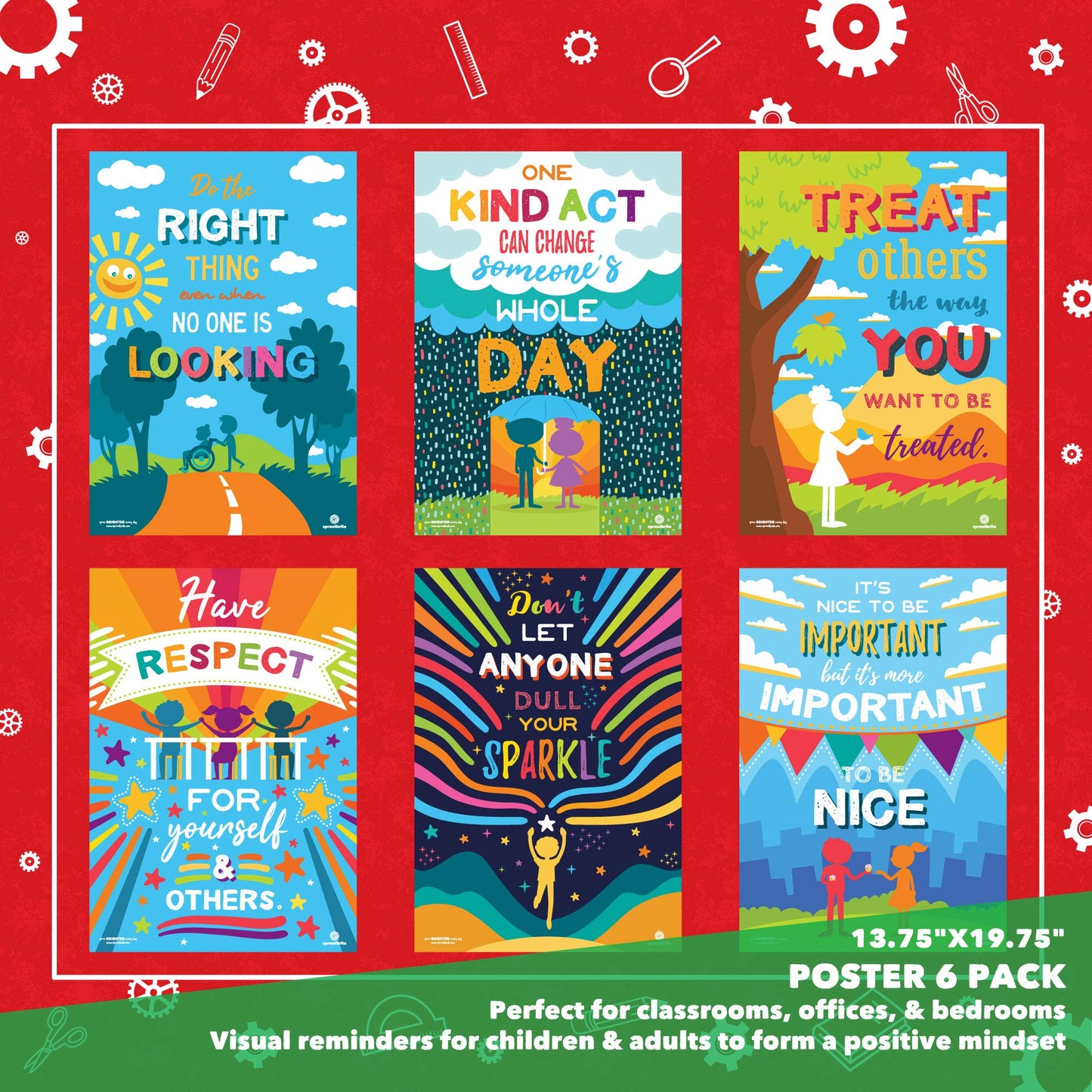 Sproutbrite 13.75” x 19.75” Kindness Educational Poster Set - 6 Motivational Posters - Classroom Wall Decor Chart for Pre, Elementary and Middle School - Promotes Kindness and Positive Social Behaviour