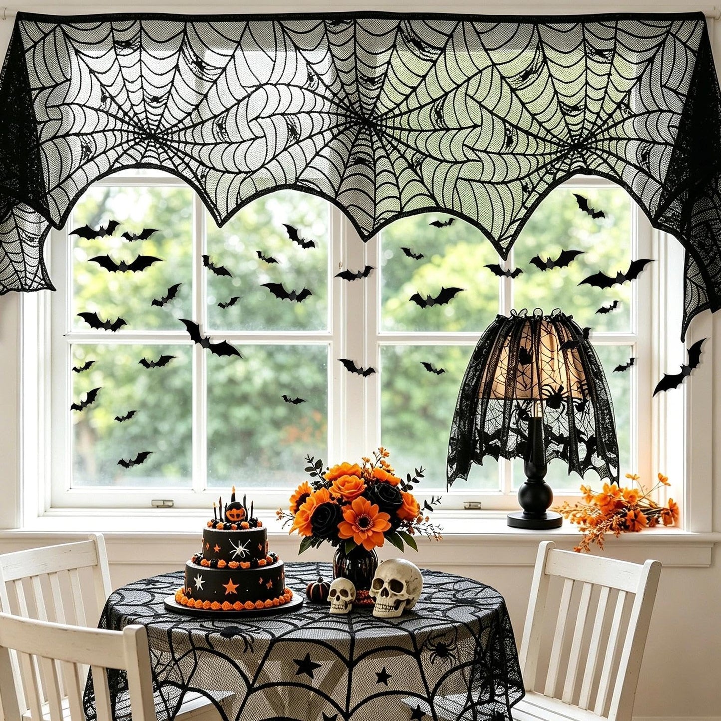 Zoonlinpp 5 Pack Halloween Decorations Indoor Black Lace Table Runner Fireplace Mantel Scarf Cover Spider Web Tablecloth Cobweb Lampshade with 32 Pcs Bat Wall Stickers Spooky Party Decor